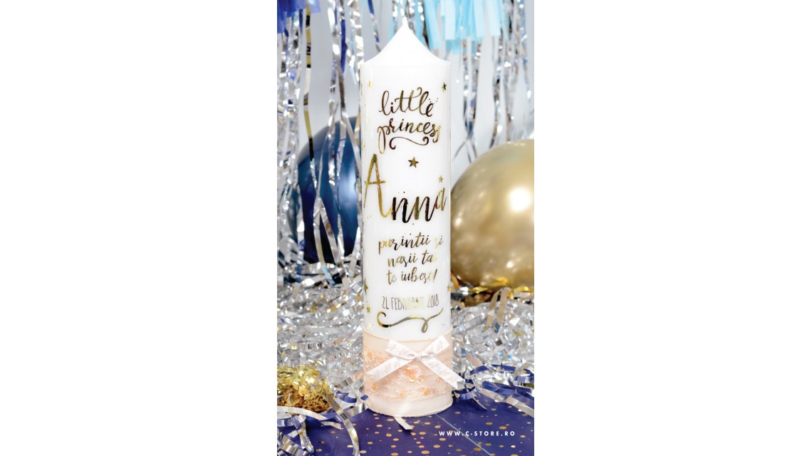 Lumanare de botez personalizata, print folio gold, 30x8cm,  Mica Printesa 1